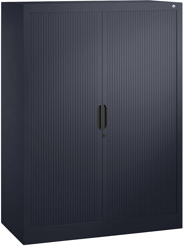 Rollladenschrank mit Horizontal-Jalousie, HxBxT 1345 x 1000 x 420 mm, 3 Fachböden, 3,5 Ordnerhöhen, schwarzgrau C+P