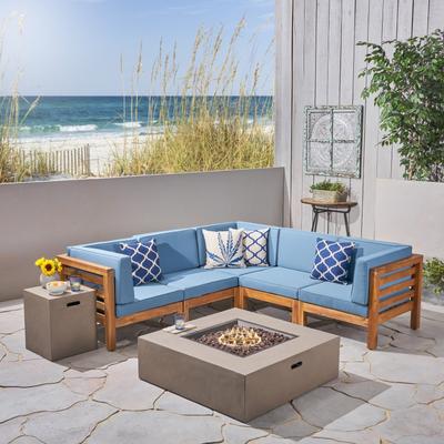 Oana Outdoor 7-Piece V-Shaped Acacia Wood Sectional Sofa Set with Fire Pit by Christopher Knight Home