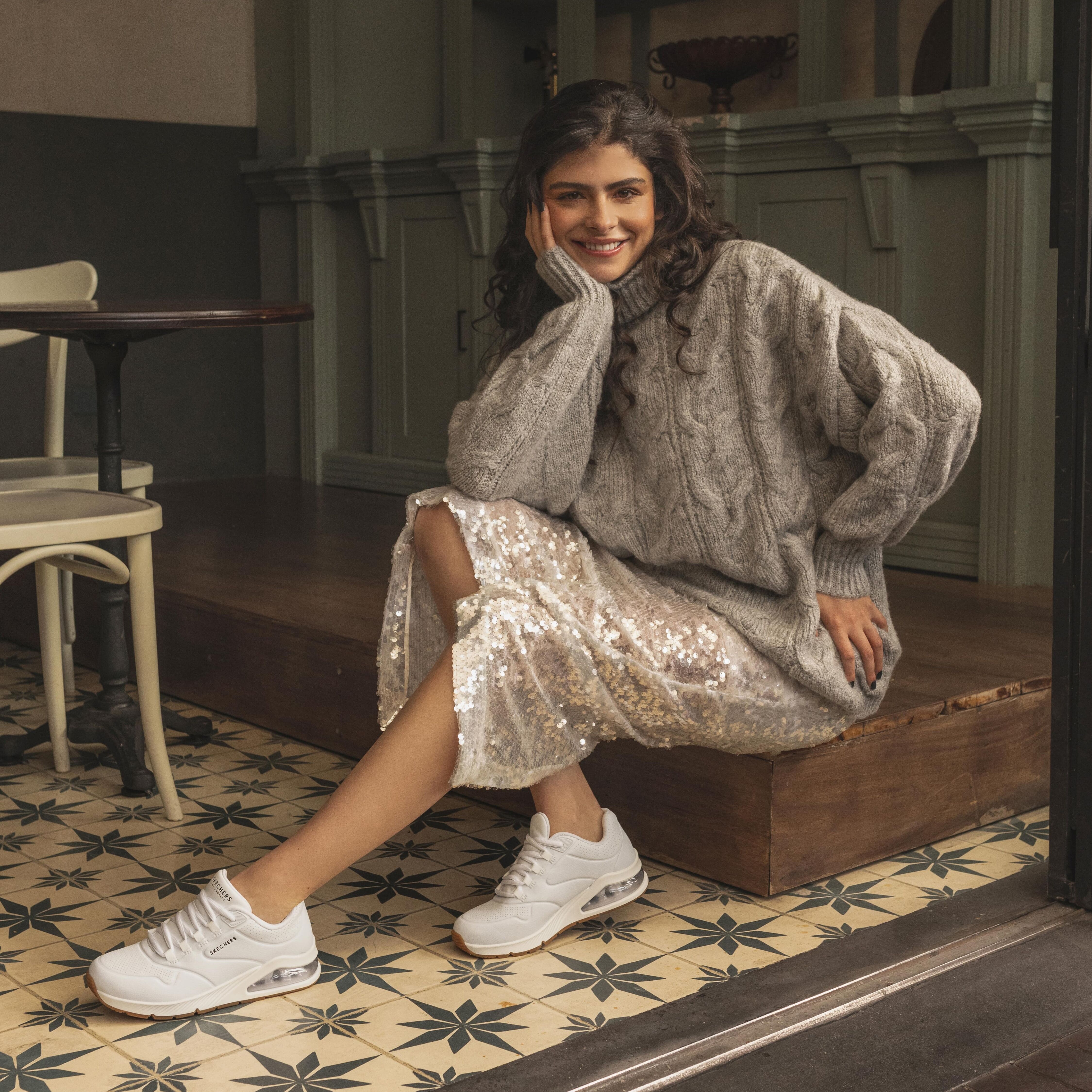 Sneaker SKECHERS "UNO 2-AIR AROUND YOU", Damen, Gr. 41, Textil, weiß, Lederimitat, Textil, Schuhe Sneaker, mit Skech-Air Luftkammern, Freizeitschuh, Halbschuh, Schnürschuh
