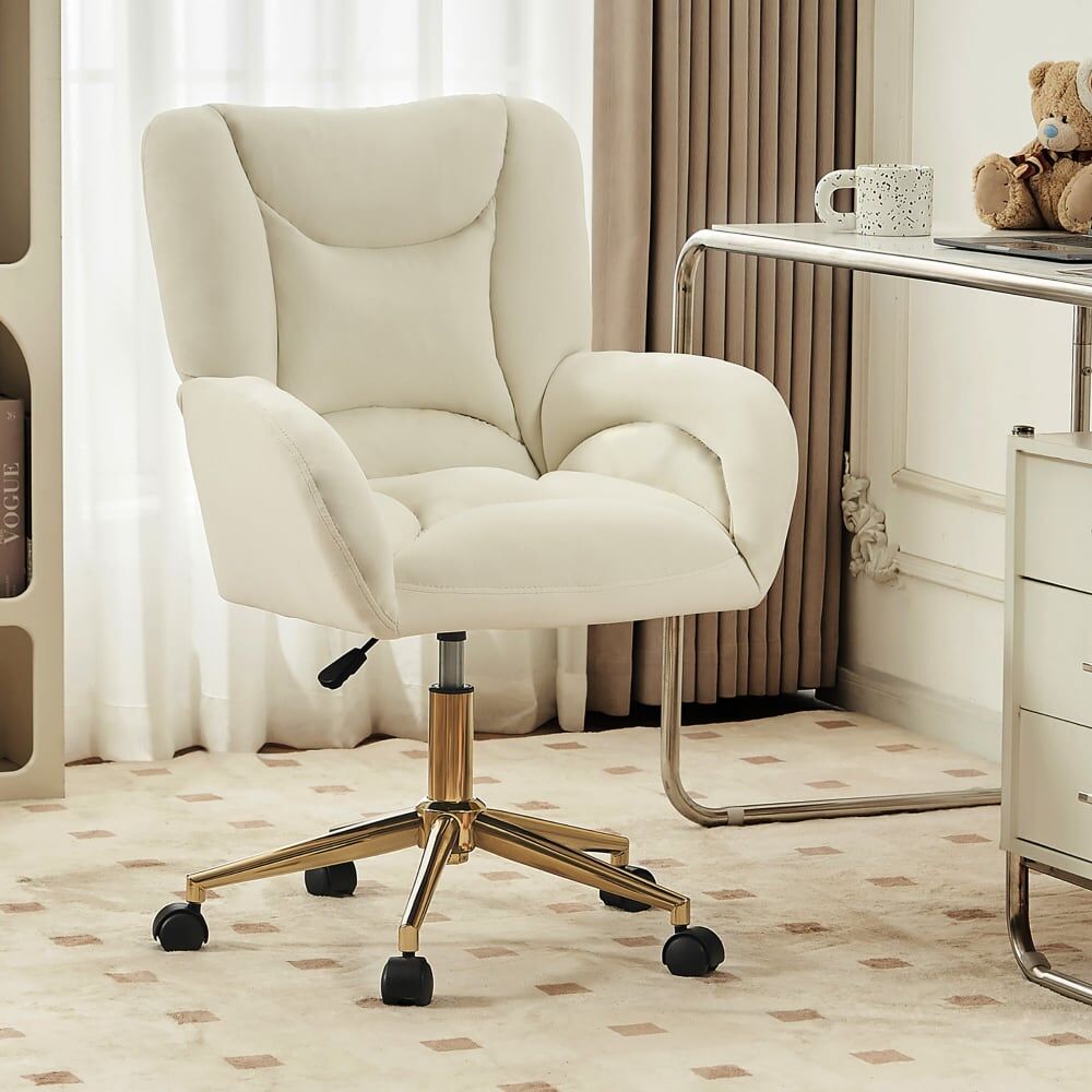 Urban Meuble Fauteuil de bureau en velours ivoire, pivotant et réglable Blanc 64x93x62cm