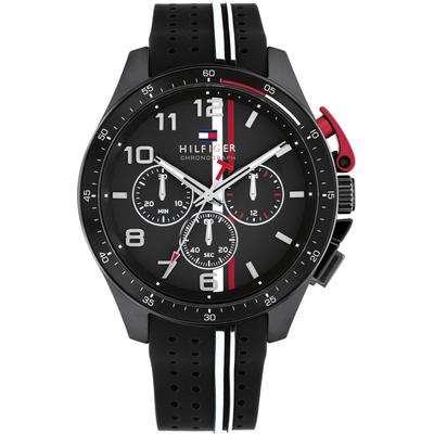 Chronograph TOMMY HILFIGER "BANK", schwarz (schwarz, schwarz), Armbanduhren, Herren, schwarz, Chronograph, Quarzuhr, Armbanduhr, Herrenuhr, Silikonarmband, analog, Stoppfunktion