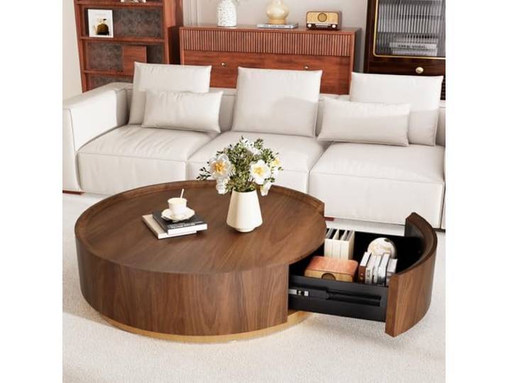 WUPDPQS 35 Zoll Zweistufiger Runder Couchtisch mit Stauraum Schublade, F Für Wohnzimmer, Massivholzfurnier, Moderne Mitte Jahrhundert, Niedriger Mitteltisch, Für Kleine Räume