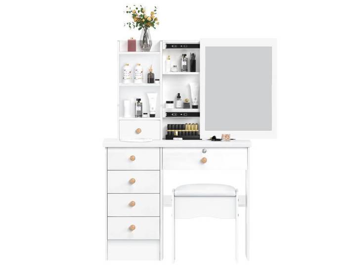 Coiffeuse avec miroir et tabouret - Contemporain - 6 grands tiroirs + 3 étagères ouvertes - Bois - 80x40x135 cm