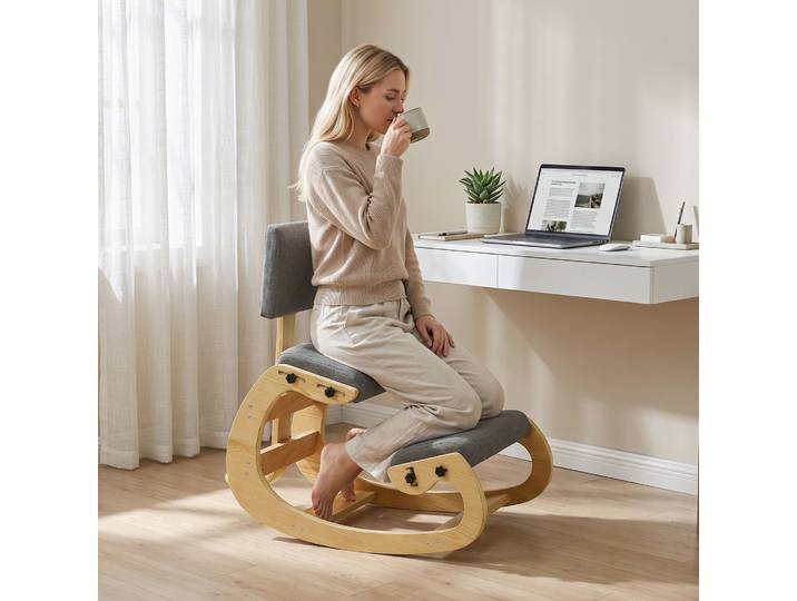 HOMCOM Chaise Ergonomique Genoux Tissu Gris Contreplaqué