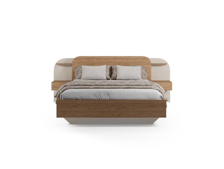 Lit 140x190cm chevets intégrés DORIAN imitation chêne et crême
