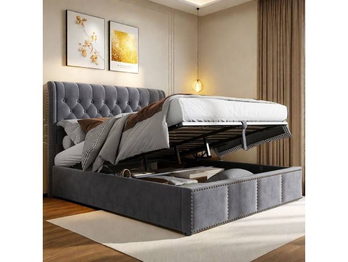 lit coffre 160x 200 Lit double lit 160 x 200 cm avec sommier lit capitonné avec levier hydraulique velours gris