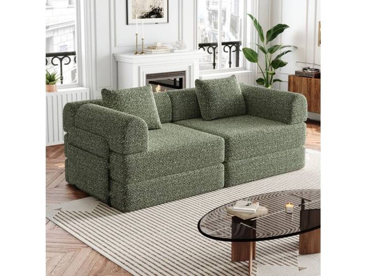 WOVREO Canapé convertible 2 places 2-en-1 en chenille vert avec rangement d'accoudoir