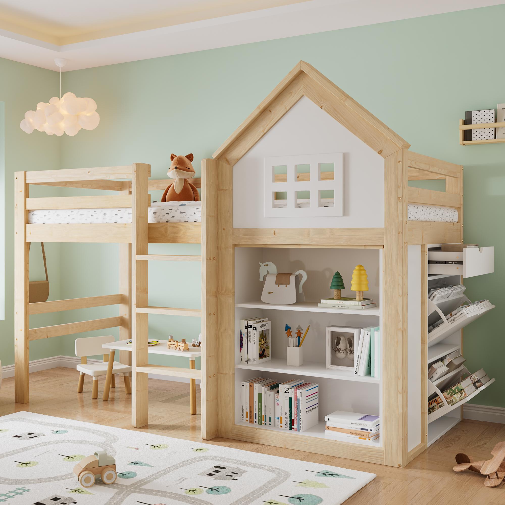 Merax Hochbett 90x200cm mit Stauraum und Schubladen, Kinderbett mit Hausdesign und Treppe, Einzelbett mit Sicherheitsgeländer aus Massivholz, Weiß + Natur