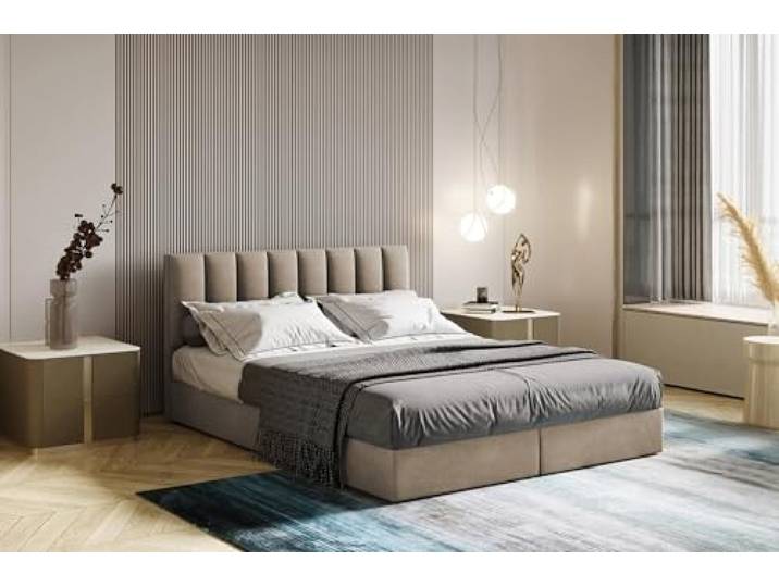TRADA Boxspringbett 160 x 200 cm mit Bonellmatratze H3, City, Beige Modern Bett mit elegant gestepptes Kopfteil und Topper 5cm, Bettkasten