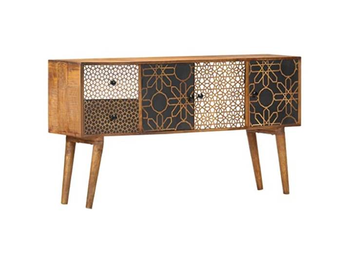 Fisinber Sideboard Massivholz Mango Kommode 2 Schubladen 130x30x70 cm Mid-Century Beistellschrank mit Vintage Druckmuster und 3 Türen für Wohnzimmer, Flur und Esszimmer.