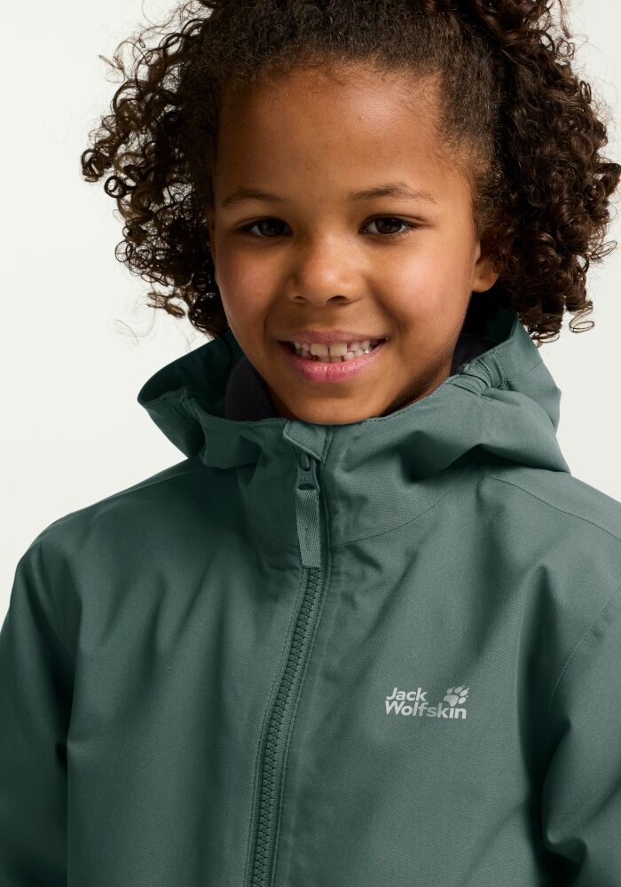 Outdoorjacke JACK WOLFSKIN "SNOW DAYS JKT KIDS", Kinder, Gr. 152, grün (sago palm), Obermaterial: 100% Polyester. Futter: 100% Polyester. Wattierung: 100% Polyester, Jacken Outdoorjacke, für Kinder, wasserdichte Ausstattung, mit kuscheligem Innenfutter
