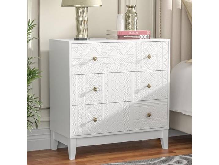 Skokliz Kommode weiß graviert Textur Sideboard mit 3 Schubladen 80x38x81,8cm Moderner Schubladenschrank Kommode für Schlafzimmer Wohnzimmer Flur Möbel