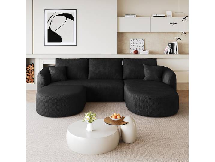 okwish 2-Sitzer U-förmiges Ecksofa rechtsseitiger Ottomane,modulares Sofa mit Hocker,Wohnzimmersofa, klassisches Sofa,Schwarz