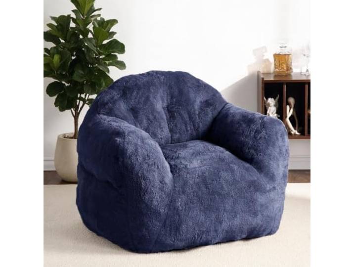 Thaookte Riesiger Bohnensack-Sessel mit Armlehnen – Weiches Kunstkaninchenfell, Hochdichter Schaumstoff, Waschbar & Fleckabweisend, für Wohnzimmer, Schlafzimmer & WG – Marineblau, 130x105x85 cm
