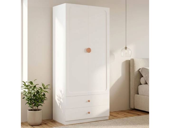Armoire Chambre Adulte/Enfant 200x90x45cm Armoire de Rangement avec Penderie Armoire 2 Portes avec 2 Tiroirs Blanc
