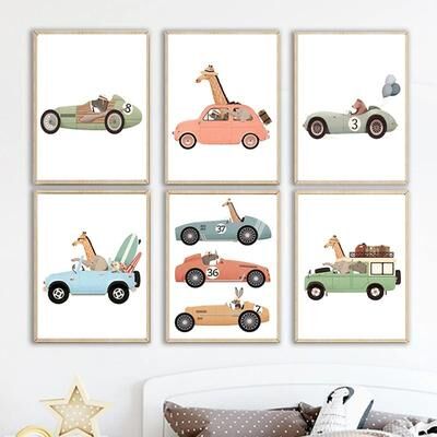 Inspired Finds Funny Safari Animals Canvas Wall Art Elephant Giraffe Nordic Nursery Decor 5.12x7.09 In No Framed playful Vintage Cartoon