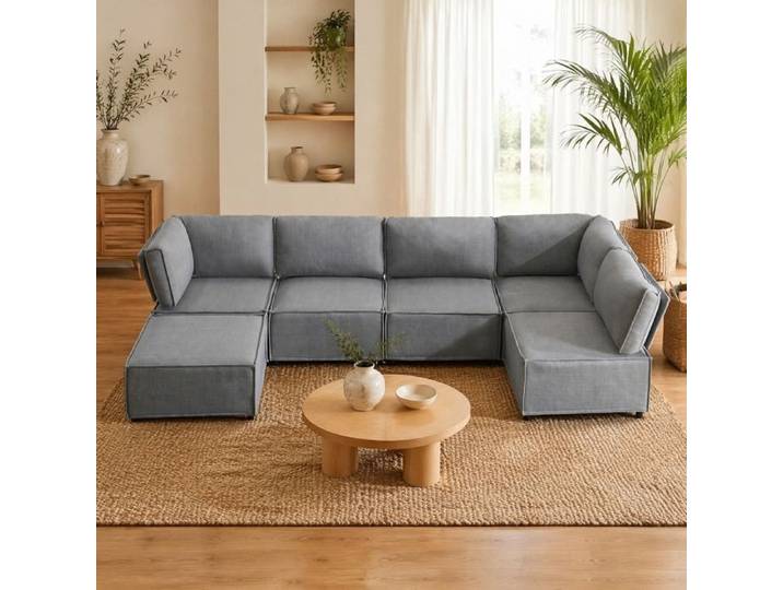 MEUVYX Canapé d'Angle Modulable Convertible 6 Places avec Couchage d'Appoint Tissu Effet Lin Gris Clair