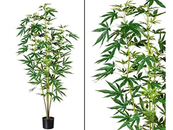 bambussi Marijuana Hanf Kunstbaum 160cm mit 5 Zweigen und Blättern im Topf