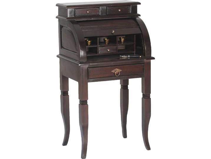 Schreibtisch SIT Murten aus massiver Akazie mit Rollladen und 4 Schubladen , braun (dunkelbraun), B:55cm H:100cm T:41cm, Tische, Schreibtisch, Massiver Schreibsekretär mit 5 offenen Fächern