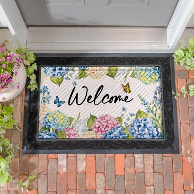 Evergreen "Hydrangea & Butterfly Embossed Door Mat - 30"" x 18"""