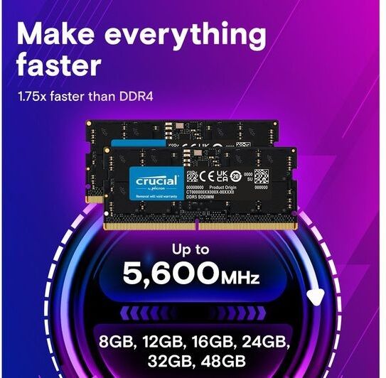 Crucial DDR5 5600MHz PC5-44800 CL46 SODIMM Laptop RAM - 16GB (1 x 16GB)
