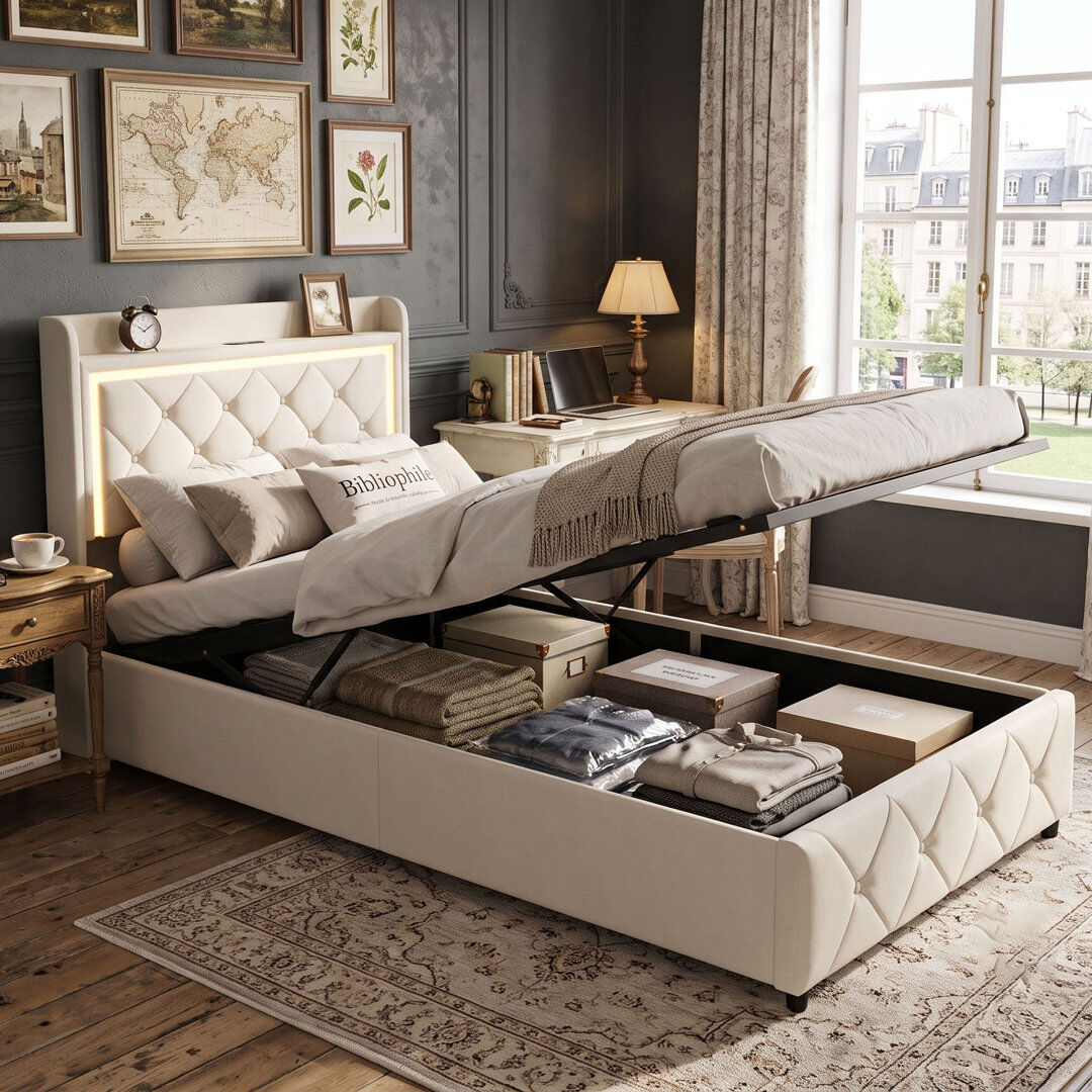 Canora Grey EU & UK Sizes Velvet Ottoman Bed With LED Storage Headboard, Upholstered Bed Frame With Charging Port, Beige Beige Single (3')