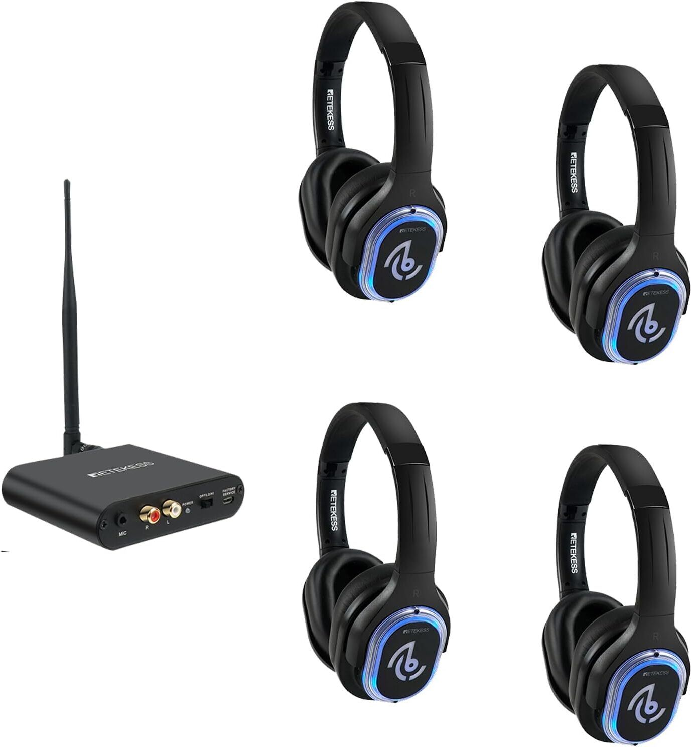 Retekess TA004 Silent Disco Starter Kit, Kabellose Kopfhörer für Fernseher, 3 Kanäle, 200 m Reichweite, Kopfhörerset für Partys, Fitnessstudio, Yoga