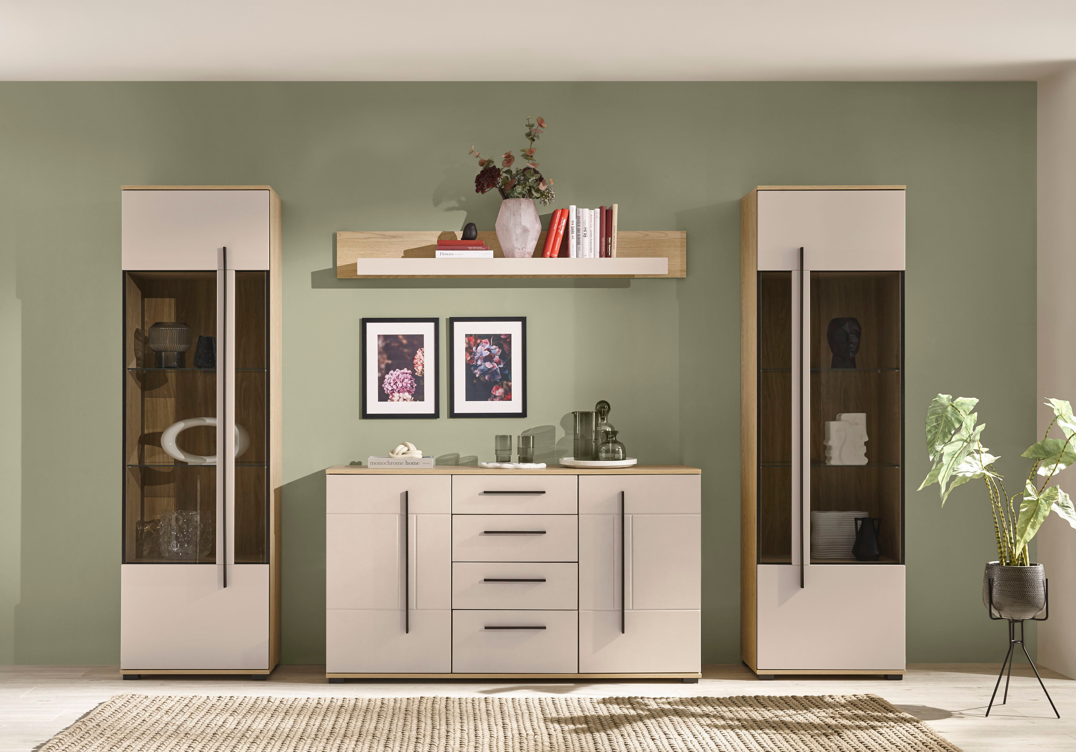Wohnwand HOME AFFAIRE "Cantara, Anbauwand, Wohnzimmer-Set, in Eiche Evoke, Weiss oder Kaschmir", beige (eiche cremona toro, kaschmir matt), B:290cm H:270cm T:42cm, Holzwerkstoff, Kastenmöbel-Sets, Wohnwand, enthält zwei Vitrinen, ein Sideboard und ein Wan