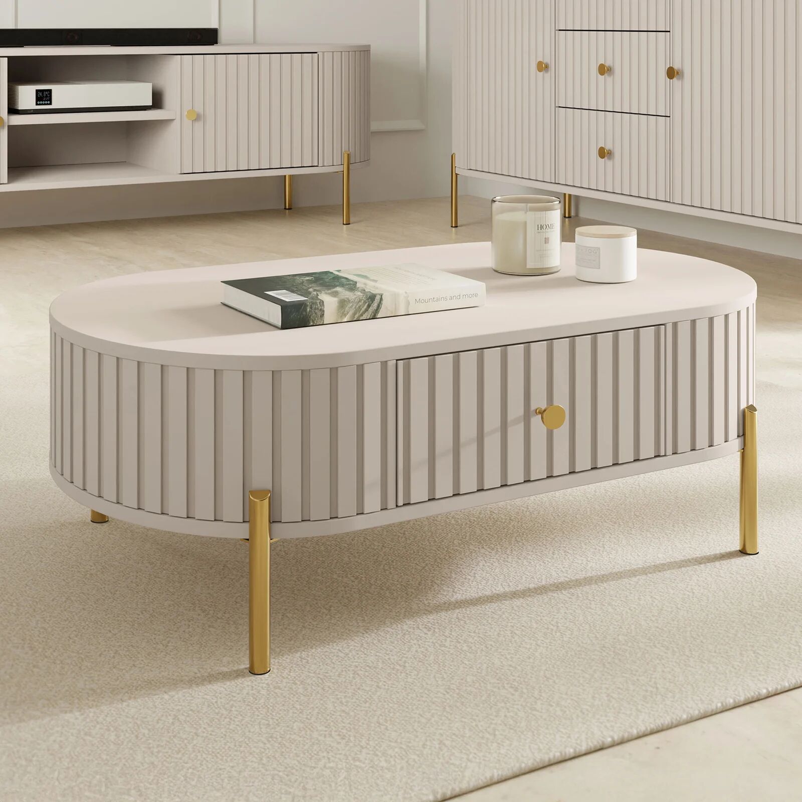 garneroarredamenti Tavolino da salotto ovale 100x52cm cannettato 1 cassetto beige cashmere Zurik