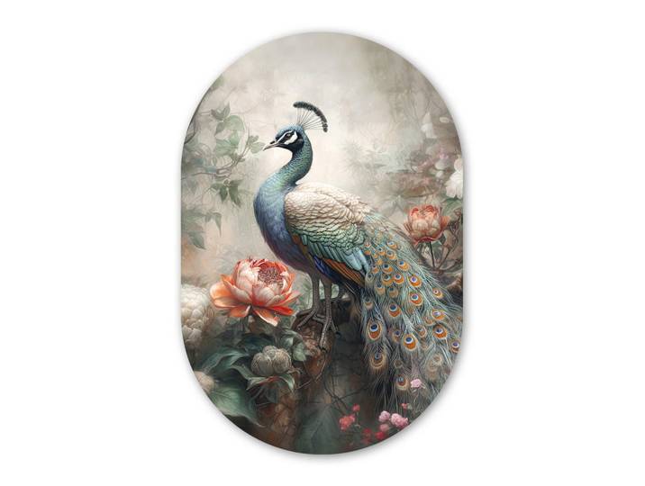 MuchoWow Wandbild Pfau - Pfauenfedern - Vogel - Dschungel - Blumen Deko Wohnzimmer 40x60 cm, Smaragdgrün, Kunststoff, Oval, 40x60 cm, einfache und schnelle Anbringung, Bilder & Rahmen, Bilder, Sonstige Wandbilder