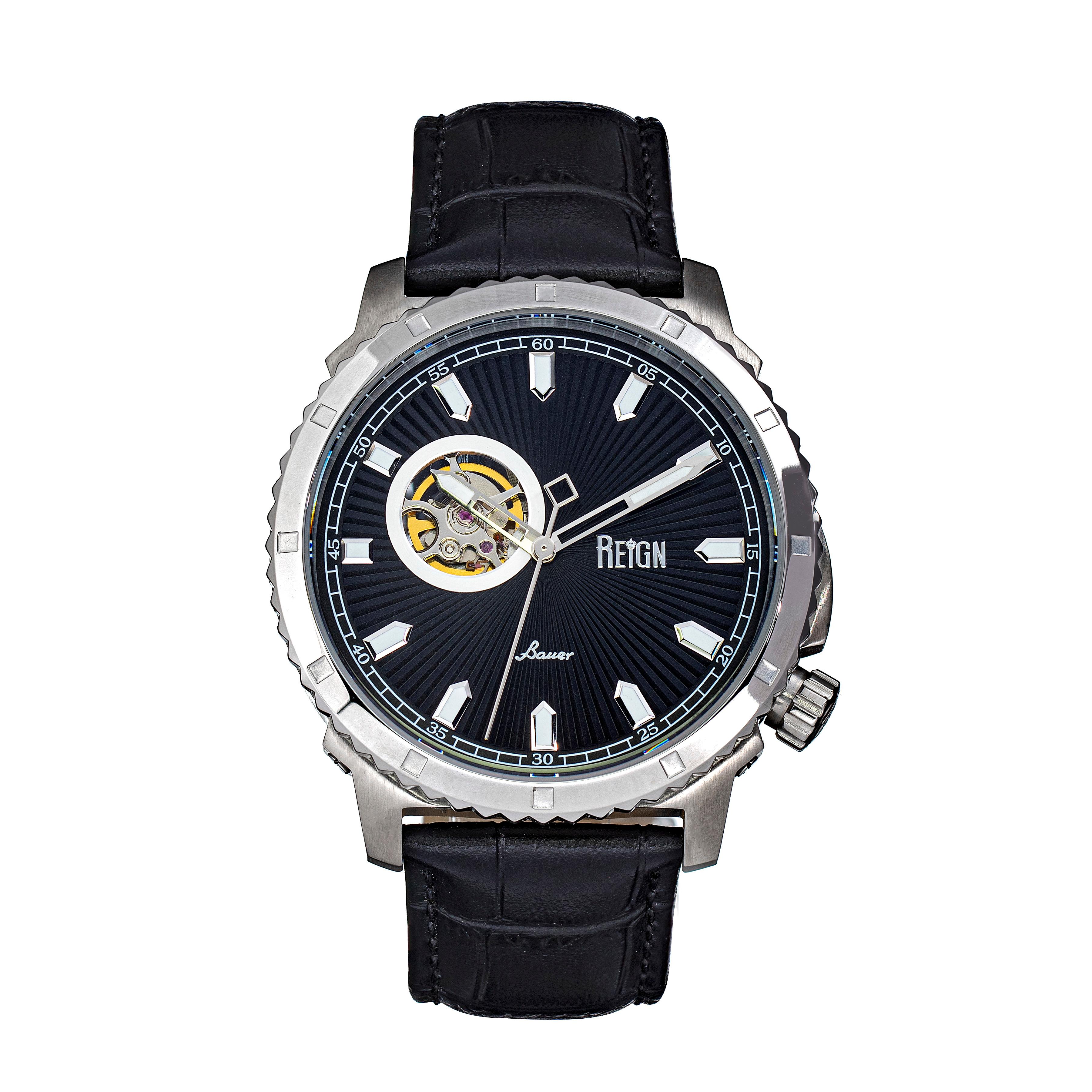 Reign Bauer automatisch semi-skelet lederen band horloge
