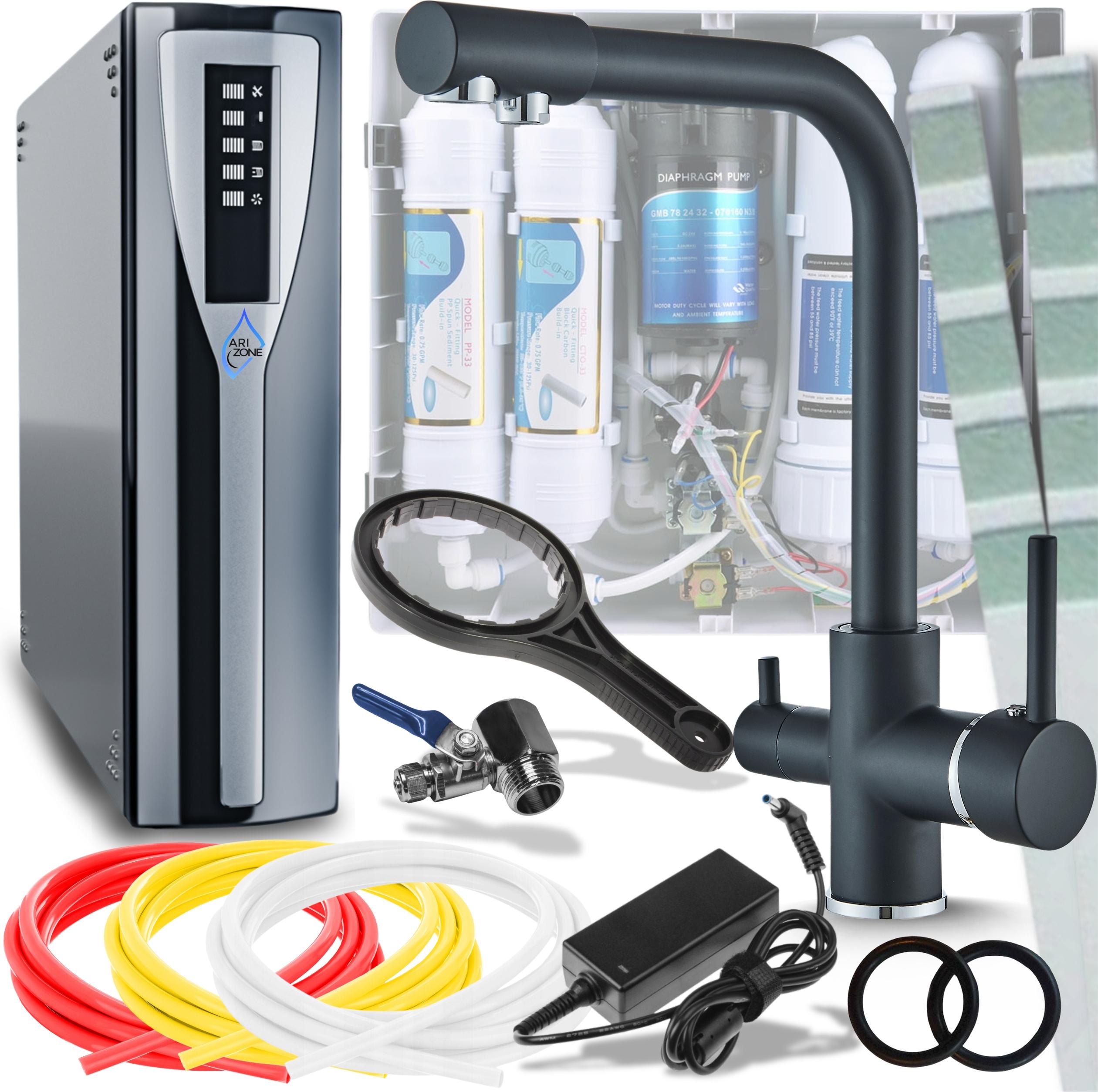 Ari Venom 1 3-Wege Küchenarmatur Schwarz Chrom 360° mit RO Pad Umkehrosmose Wasserfilter Untertisch Nanofiltration