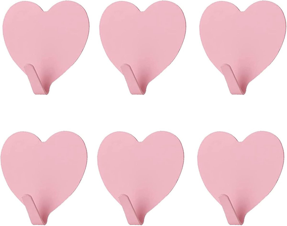 Set van 6 hartvormige wandhaken in RVS, zelfklevend, Roze