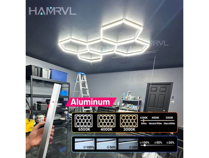 Éclairage LED hexagonal en aluminium pour garage, tube lumineux dimmable 6000K-3000K à changement de couleur pour salon de coiffure, atelier, salle de sport, garage automobile, plafond en nid
