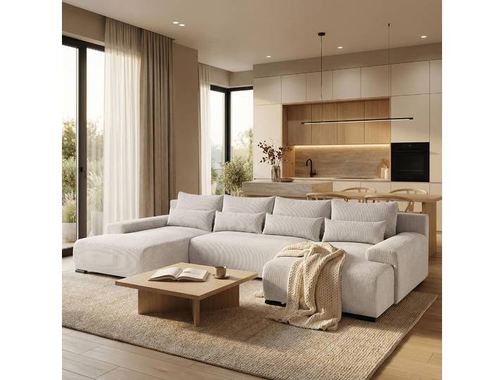 Ecksofa BENNY Hellbeige U-Form Modernes Polstersofa mit Schlaffunktion und Bettkasten