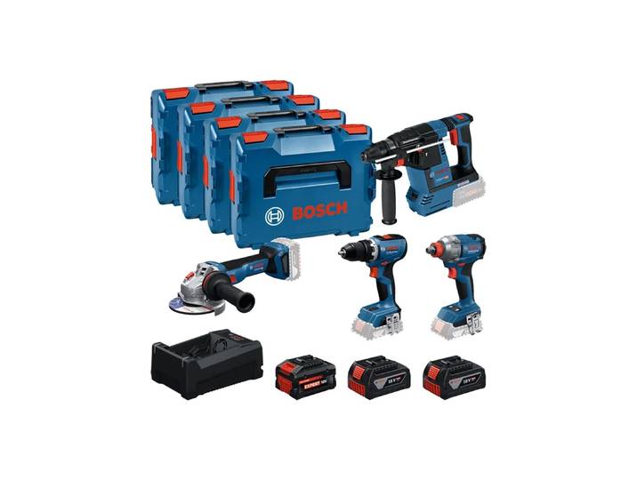 Bosch – Pack De 4 Outils Électroportatifs 18v – Perceuse-visseuse 63nm\, Visseuse À Chocs 285nm\, Perforateur 2\,6j\, Meuleuse – 3 Batteries 5\,0ah