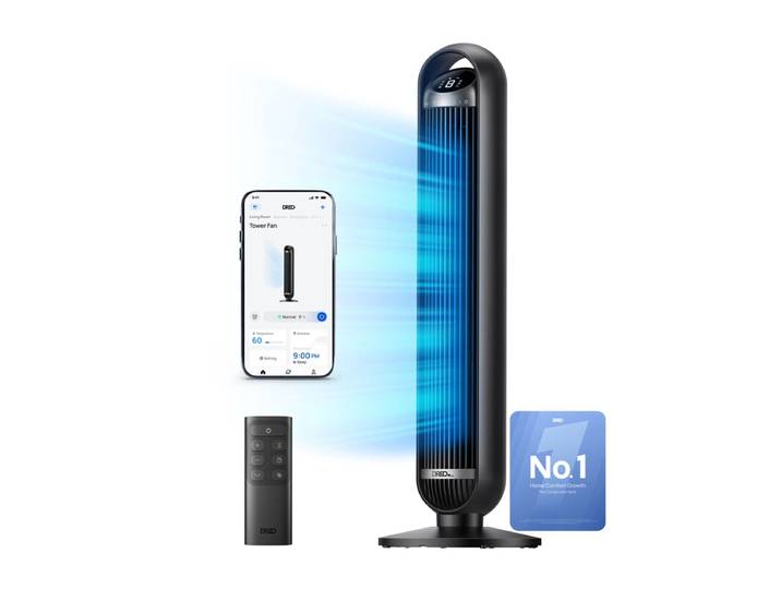 DREO Ventilateur colonne intelligent, 25 dB Ultra silencieux, Ventilateur sur pied à oscillation large 90°, 8 vitesses, 4 modes, Minuterie 8 h, Contrôle application et commande vocale, Pour chambre, maison et bureau