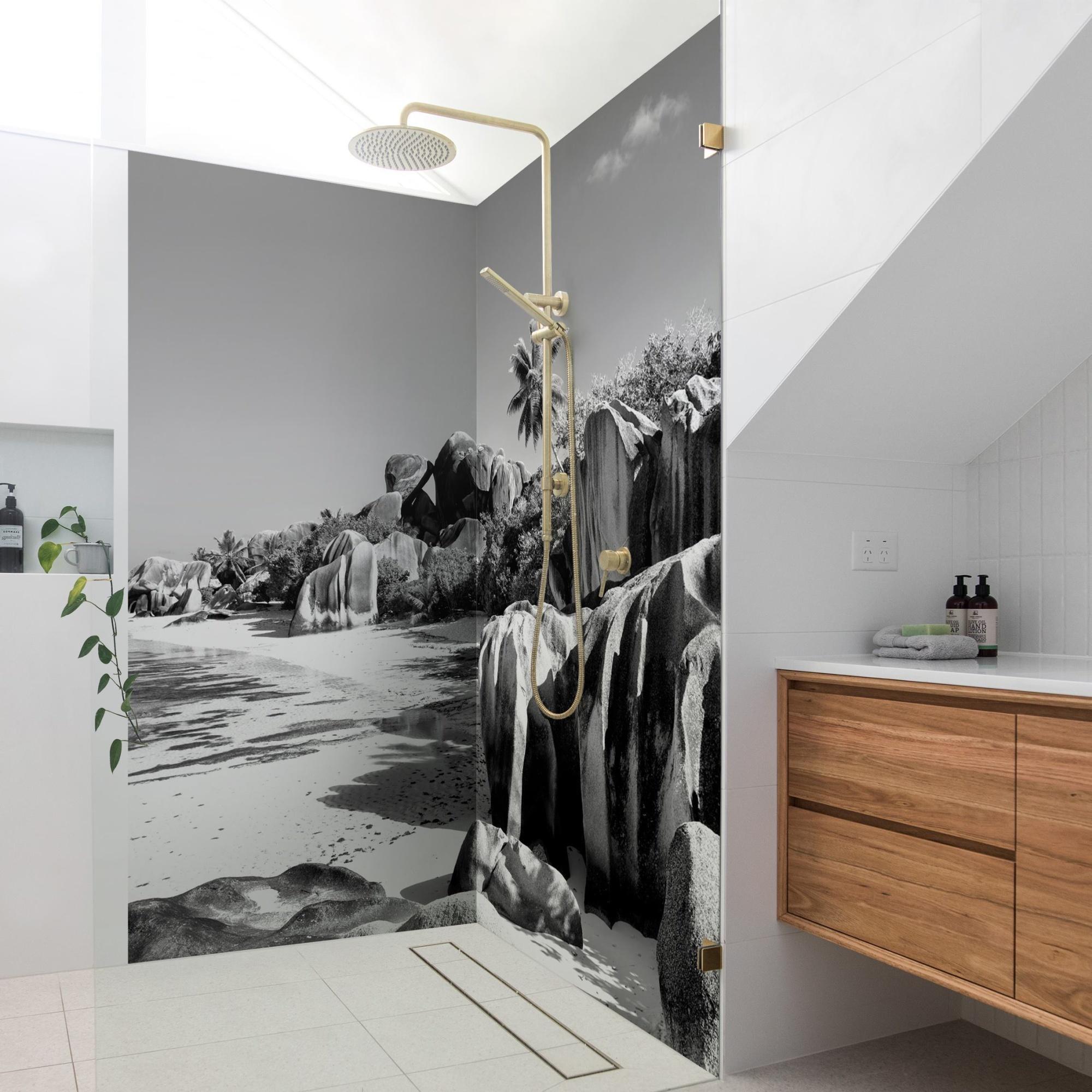 Duschrückwand Strand selbstklebend - 0.61 mm Wandpaneel wasserfest Palme schwarz weiss Maritim Badrückwand fugenlos Premium matt 100x190 cm