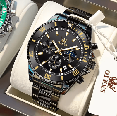 Inspire Essentials OLEVS Luxury Mens Watch Stainless Steel Chronograph Waterproof With Moon Phase all Black