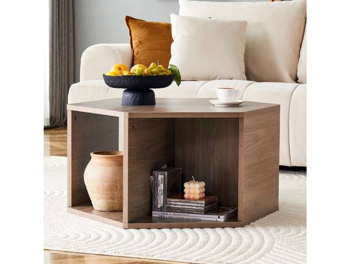 Table basse hexagonale multifonction 79 x 69 4 x 40 cm en MDF aspect bois marron