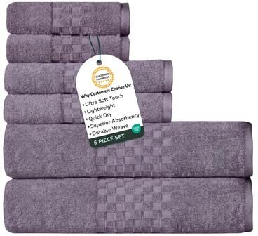 Feather & Stitch New York Feather and Stitch NY 650 GSM Premium Cotton 6 Piece Towel Set Super Absorbent Quick Dry Spa Quality