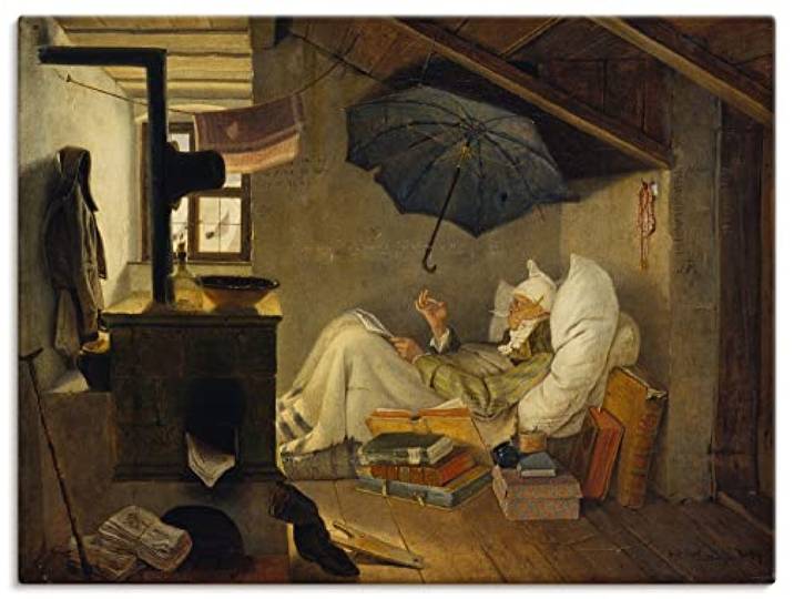 ARTLAND Wanddeko Leinwand Bilder Wandbild Dach Zimmer Ofen Regenschirm Armut Poetry Der arme Poet 1839 Biedermeier Carl Spitzweg T7XF