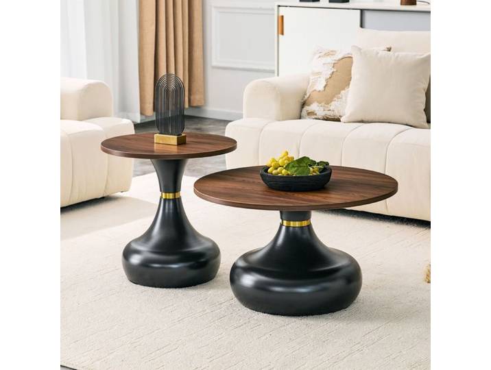 Tables basses rondes x2 metal effet noyer