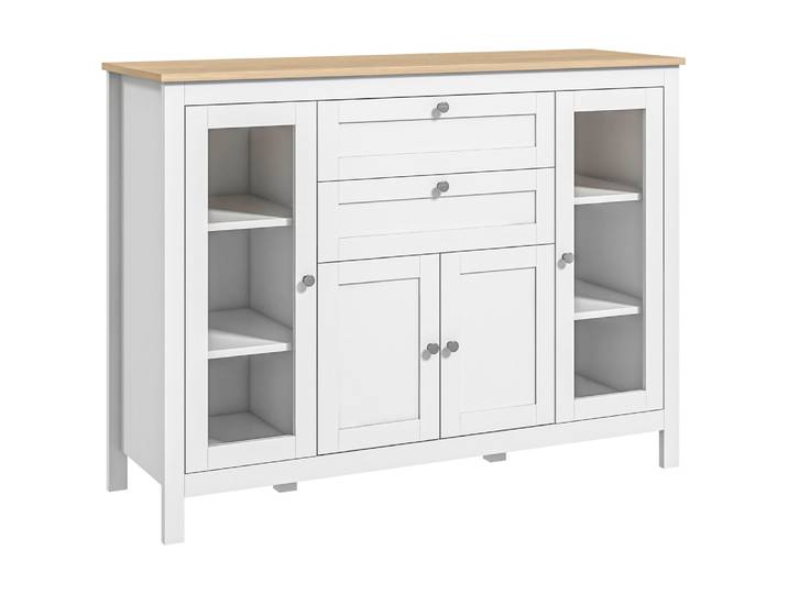 Buffet classique chic 2 portes 2 étagères 2 tiroirs blanc bois clair