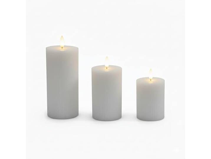 Relaxdays Bougies LED\, lot de 3\, 3 tailles\, flamme vacillante\, cire véritable\, rainurées\, sans flamme\, gris clair