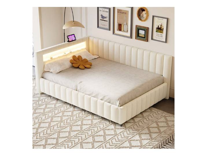 OKWISH Polsterbett Polsterbett Doppelbett Daybett Tagesbett 140x200 cm (mit LED-Licht, USB-Anschluss, Rückenlehne und stabilem Rahmen, für Schlafzimmer & Gästezimmer, 140x200 cm), Ohne Matratze