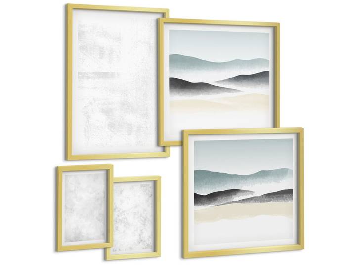BILDER SET 5er Set - 50x50 cm & 20x30 cm & 40x60 cm Goldrahmen - Weiße Flecken auf Leinwandhintergrund