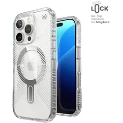 Hülle Speck Presidio Perfect-Clear Grip ClickLock & MagSafe für iPhone 16 Pro (transparent / verchromt / klidně silber)