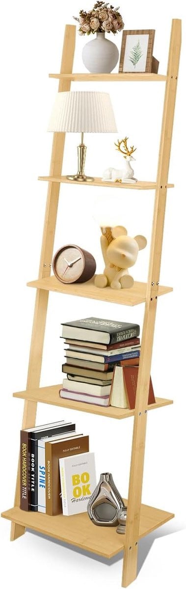 Bamboe 5-traps ladderplank als wandplank en hoekplank voor de woonkamer, badkamer, keuken of kantoor