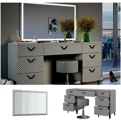 Vicco Schminktisch Anett Grau mit LED-Spiegel, Hocker, 150 x 78 cm, 7 Schubladen